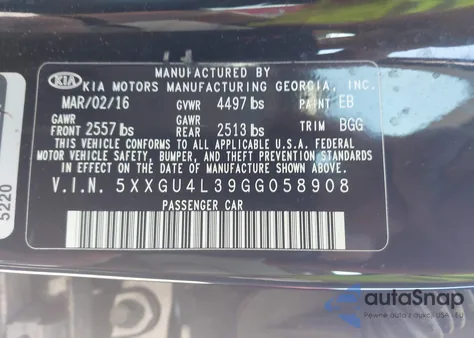 2016 Kia Optima Ex from USA, damaged, VIN 5XXGU4L39GG058908